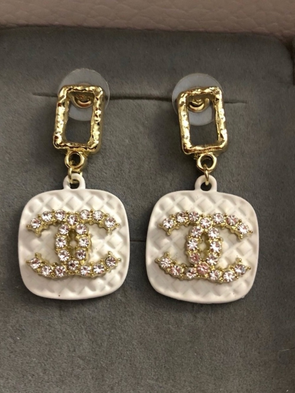 Stainless Steel White and Clear Rhinestone Tag Dangle Fashion Earrings
